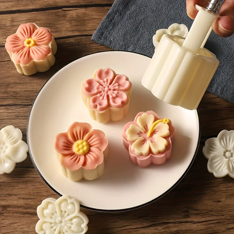 Mooncake Press Molds, Mid Autumn Festival Mooncake Mold Set 50g Flower Moon Cake Mold with 4Pcs Stamps