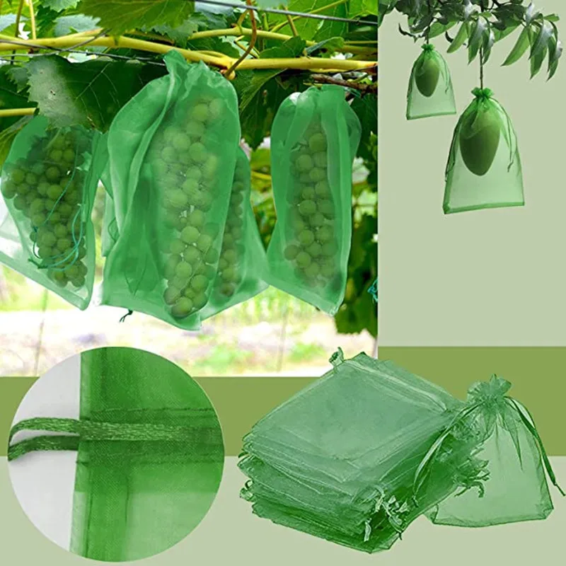 50/100Pcs Fruit Protection Netting Bags with Drawstring Reusable Grape Grow Bags Strawberry Cover Mesh Bags for Pest Control