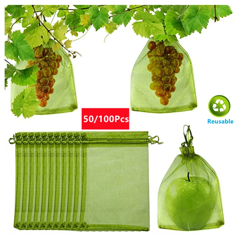 50/100Pcs Fruit Protection Netting Bags with Drawstring Reusable Grape Grow Bags Strawberry Cover Mesh Bags for Pest Control