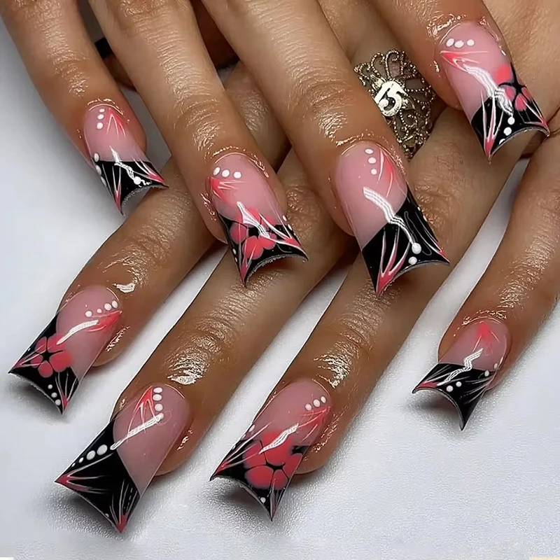 24Pcs Duckbill Press on Nails Y2K White French Edge Five Petal Flower Full Cover Acrylic Fake Nail Diamond inlaid Nail Art