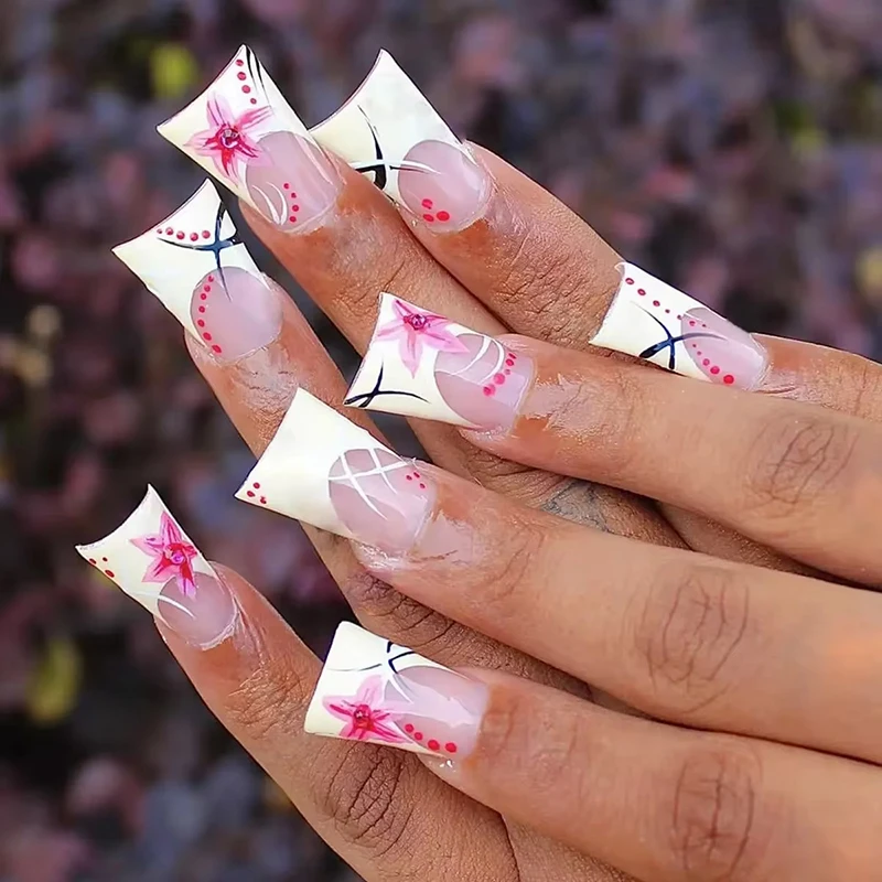 24Pcs Duckbill Press on Nails Y2K White French Edge Five Petal Flower Full Cover Acrylic Fake Nail Diamond inlaid Nail Art