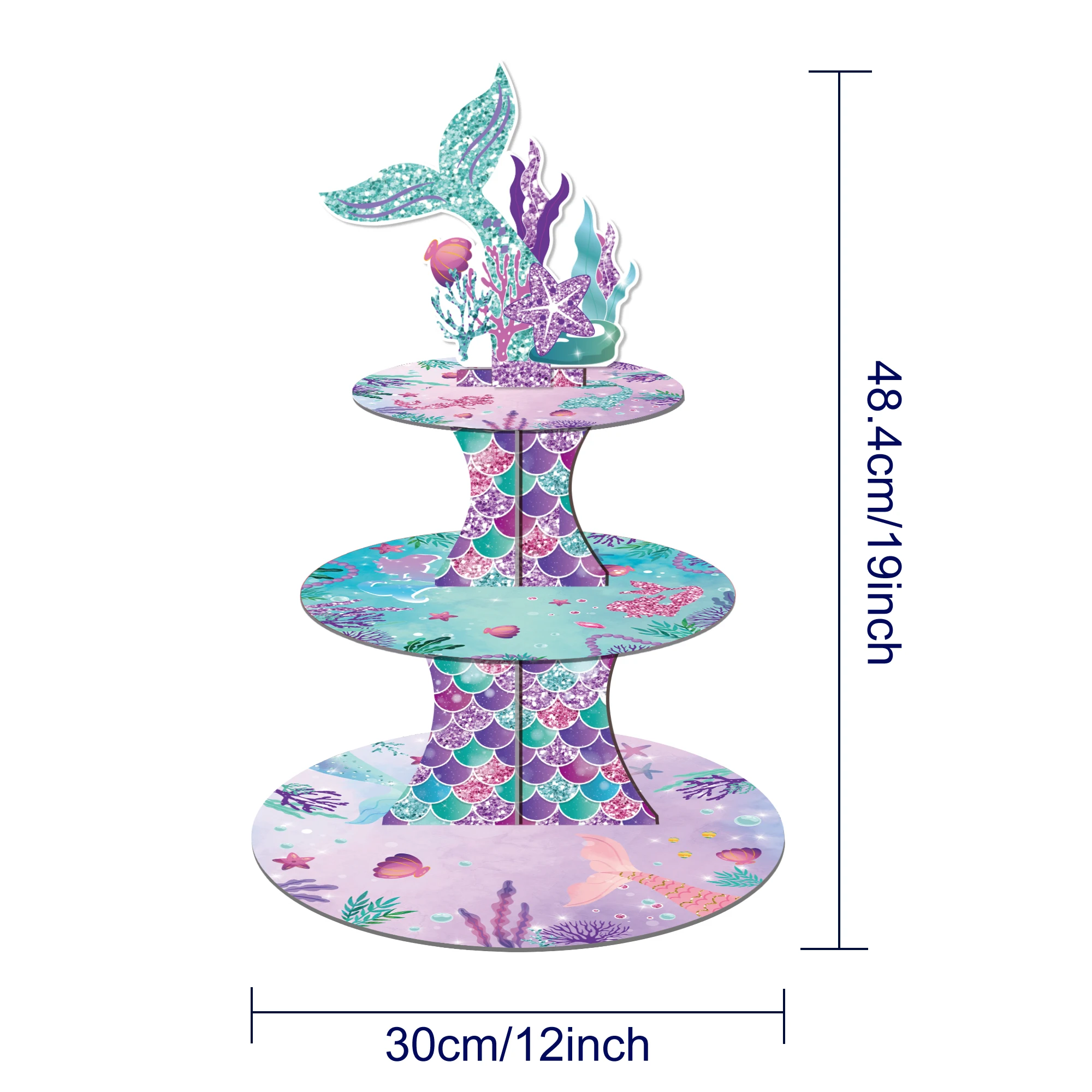 3 Layers Cartoon Mermaid Tail Theme Cake Stand Display DIY Cupcake Wrappers and Cake Topper Festival Birthday Party Cake Tray