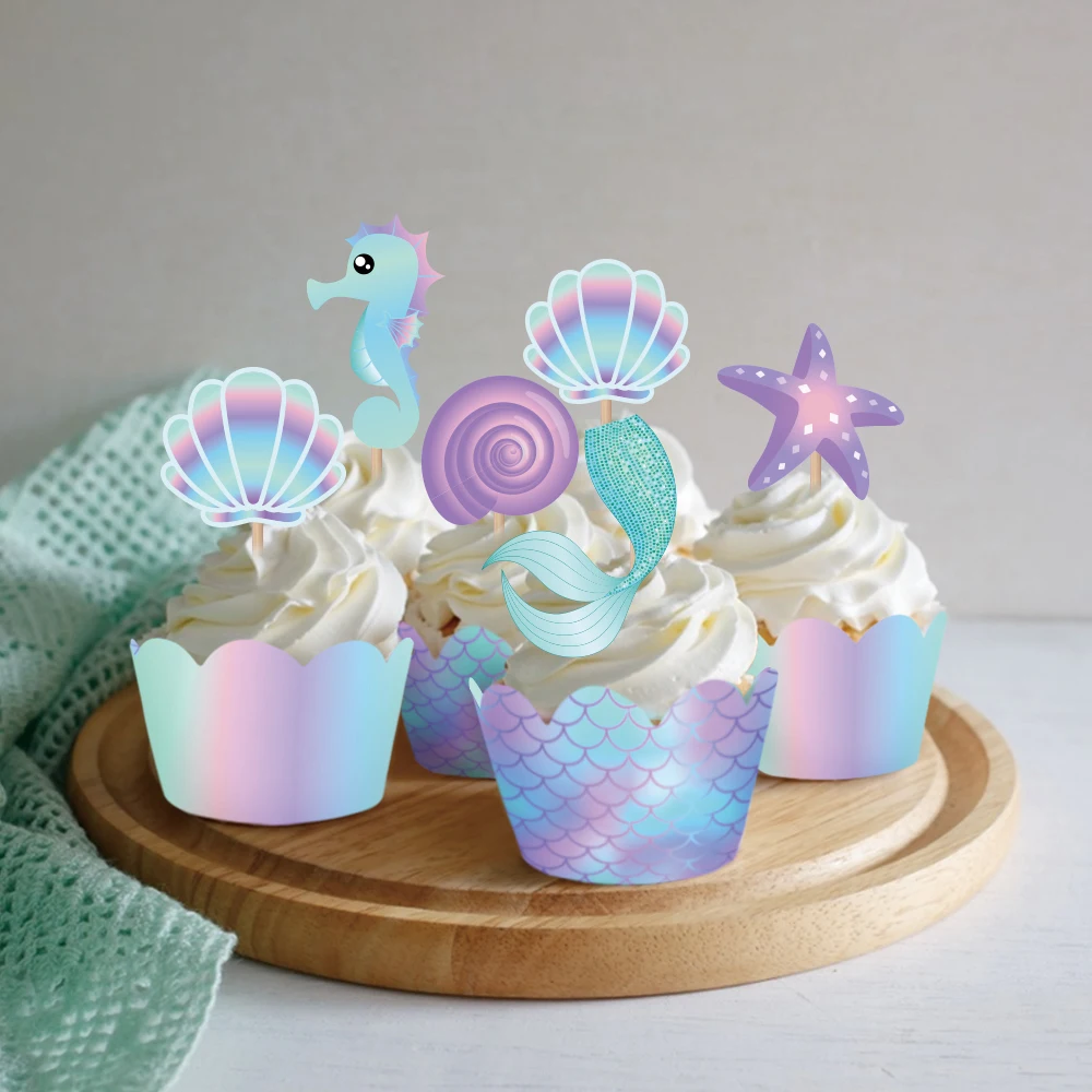 3 Layers Cartoon Mermaid Tail Theme Cake Stand Display DIY Cupcake Wrappers and Cake Topper Festival Birthday Party Cake Tray
