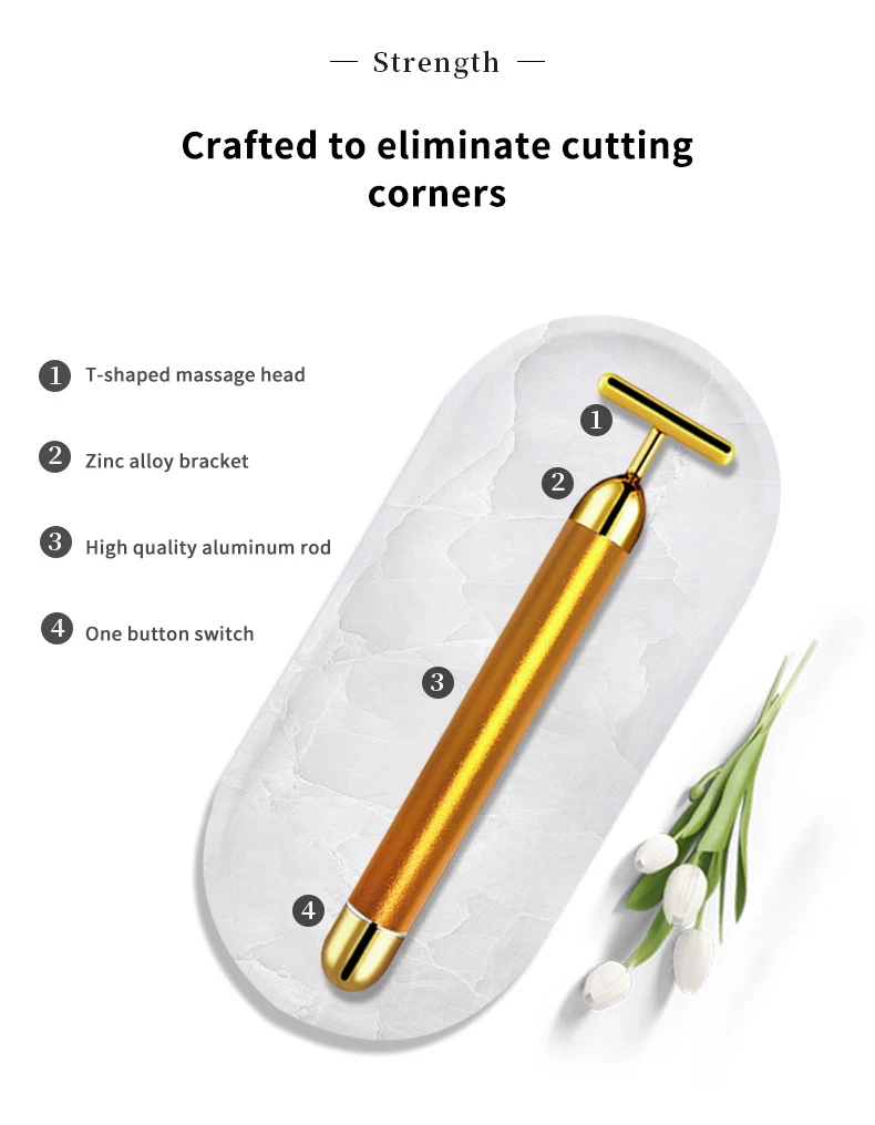 T-Shape Facial Massager Vibrating Beauty Bar 24K Electric Face Slimming Rod Golden Stick Tightening Skin Electric Massage Roller