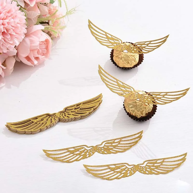 50Pcs Gold Wings Chocolate Cake Party Decoration Wizard Topper Hollowed Wing Cupcake Toppers Snitch Wedding Decor Candy