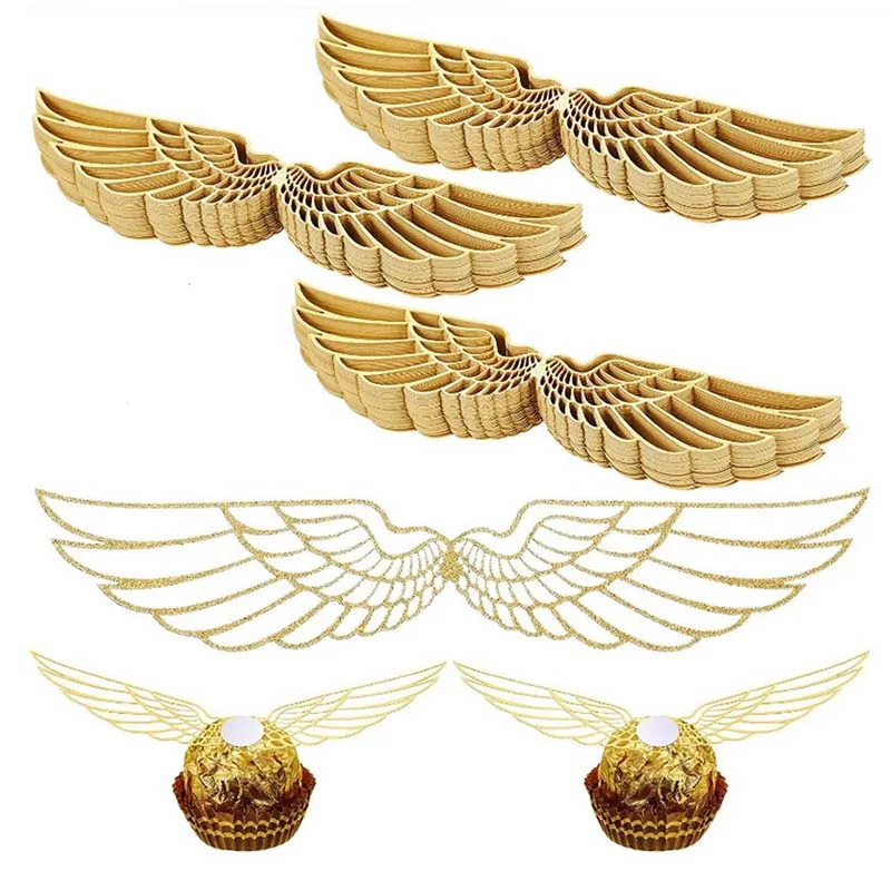 50Pcs Gold Wings Chocolate Cake Party Decoration Wizard Topper Hollowed Wing Cupcake Toppers Snitch Wedding Decor Candy