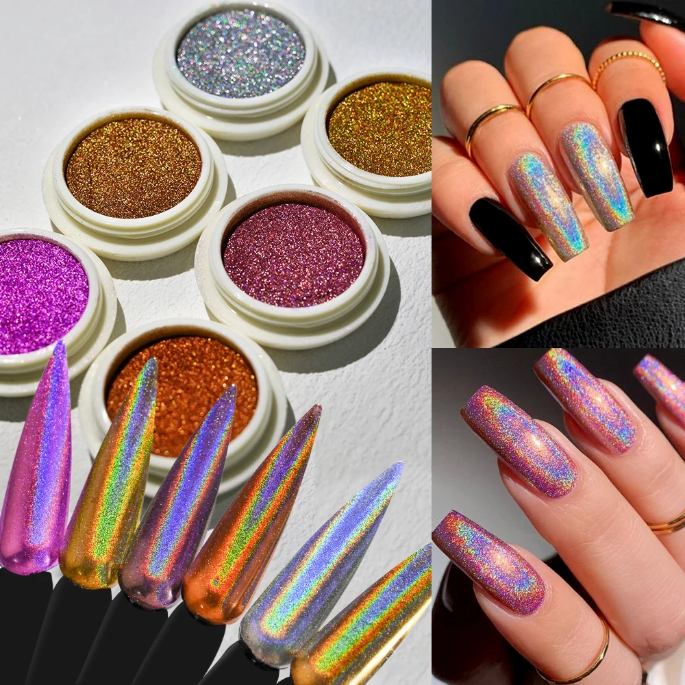 6 Colors Chrome Laser Nail Powder Holographic Mirror Glitter Pigment Silver/Gold Rub Dust Nail Gel Polish Supplies Chrome Powder