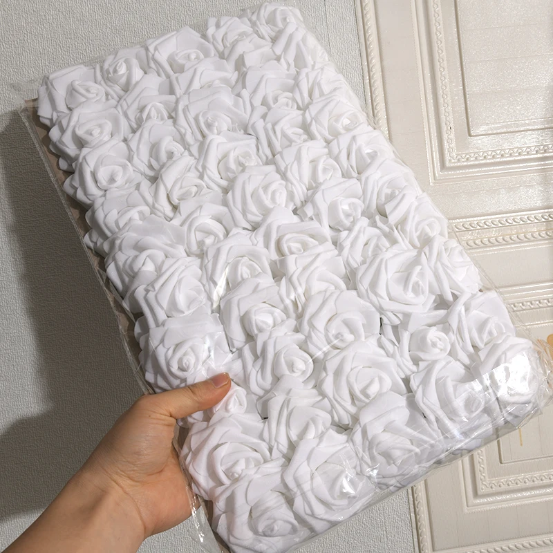 50pcs/package White PE Rose Artificial Flower Head With Stem DIY Bouquet Wedding Party Decoration Scrapbook Supplies
