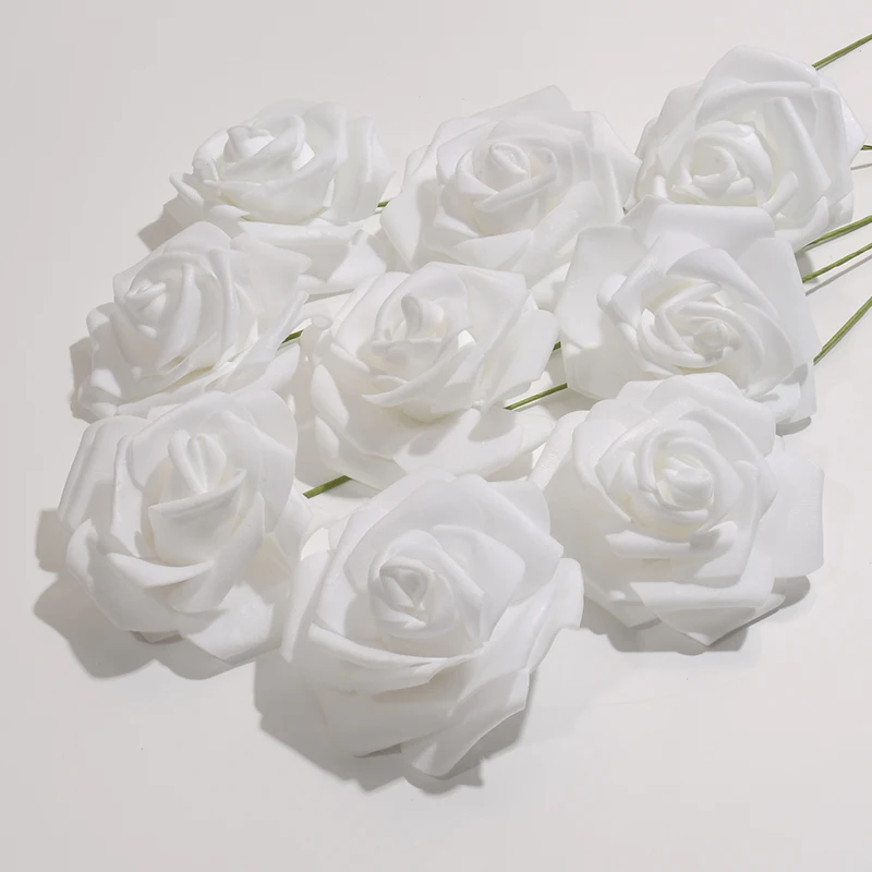 50pcs/package White PE Rose Artificial Flower Head With Stem DIY Bouquet Wedding Party Decoration Scrapbook Supplies
