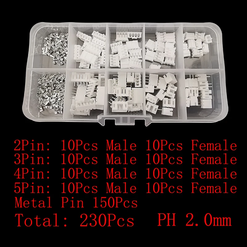 230Pcs/Box JST PH 2.0mm / XH 2.54mm Pitch Terminals Kit 2/3/4/5 Pin Male Female Plug Plastic Housing Header Crimp Wire Connector
