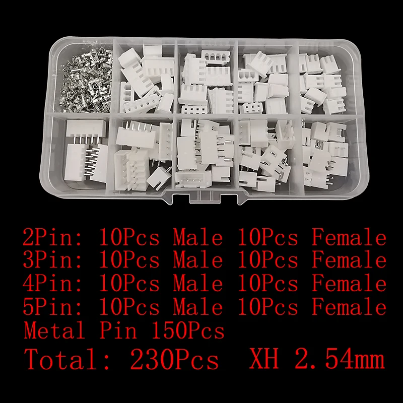 230Pcs/Box JST PH 2.0mm / XH 2.54mm Pitch Terminals Kit 2/3/4/5 Pin Male Female Plug Plastic Housing Header Crimp Wire Connector