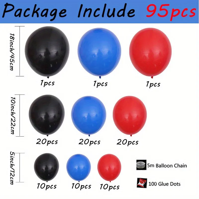 95Pcs/Set Red Black Blue Latex Balloon Chain Kids Boys Gifts Birthday Party Decorations