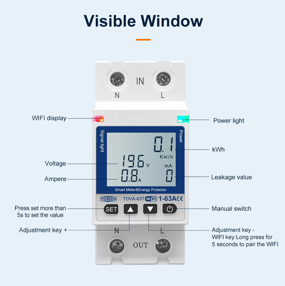 TOMZN WIFI 110V 220V 63A Smartlife TUYA Circuit Breaker Energy Meter Metering Timer With Voltage Current And Leakage Protection