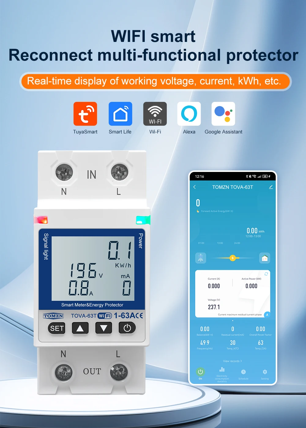TOMZN WIFI 110V 220V 63A Smartlife TUYA Circuit Breaker Energy Meter Metering Timer With Voltage Current And Leakage Protection