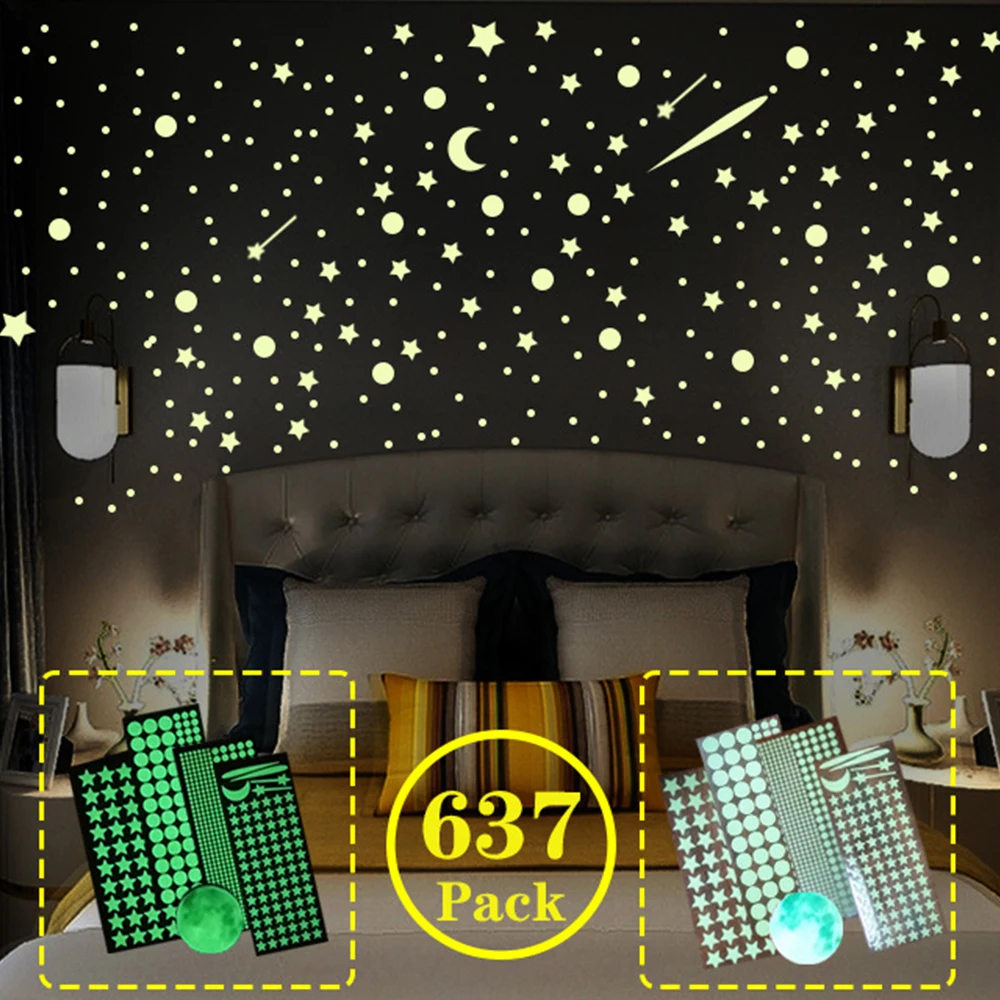 637pcs Glow In The Dark Stars Stickers Luminous Moon Wall Decals Fluorescent Star Ceiling Sticker For Bedroom Nursery Wall Decor