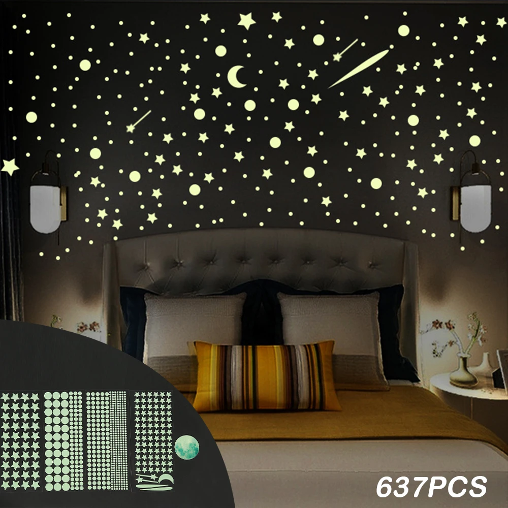 637pcs Glow In The Dark Stars Stickers Luminous Moon Wall Decals Fluorescent Star Ceiling Sticker For Bedroom Nursery Wall Decor