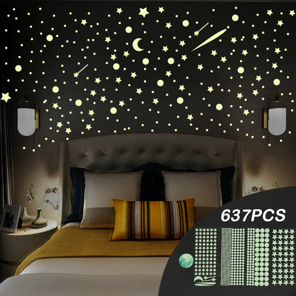637pcs Glow In The Dark Stars Stickers Luminous Moon Wall Decals Fluorescent Star Ceiling Sticker For Bedroom Nursery Wall Decor