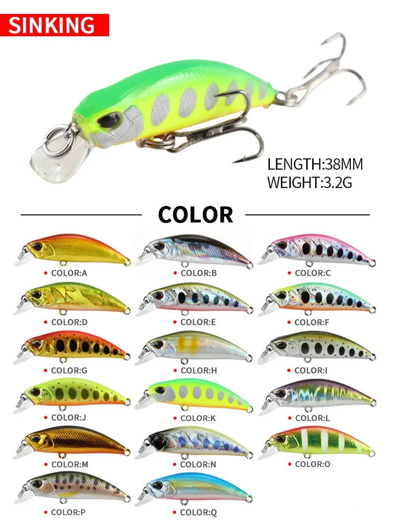2024 Hot 38mm 3.2G Mini Sinking Minnow Fishing Lures Jerkbaits Peche Artificial Bait Wobbler Lure for Trout Bass Carp Fishing