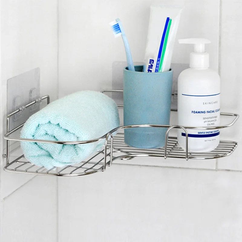 Stainless Steel Triangular Holder Shelf Wall Mounted Adhesive Shampoo Shower Storage Rack Kitchen Bathroom Organizer