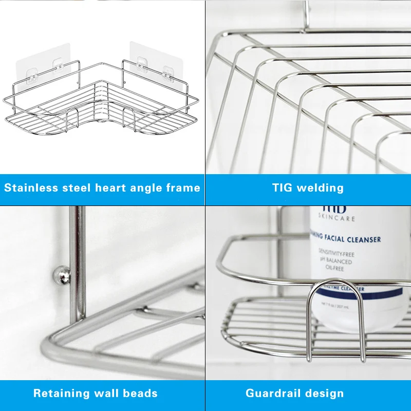 Stainless Steel Triangular Holder Shelf Wall Mounted Adhesive Shampoo Shower Storage Rack Kitchen Bathroom Organizer