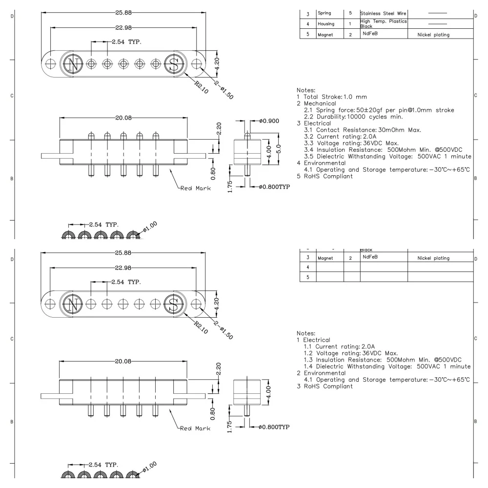 2A DC Magnetic Pogo Pin Connector 2Pin 3Pin 4 5 6 7 8 9 Pin Pogopin Male Female Spacing 2.5/2.80mm Spring Loaded DC Power Socket