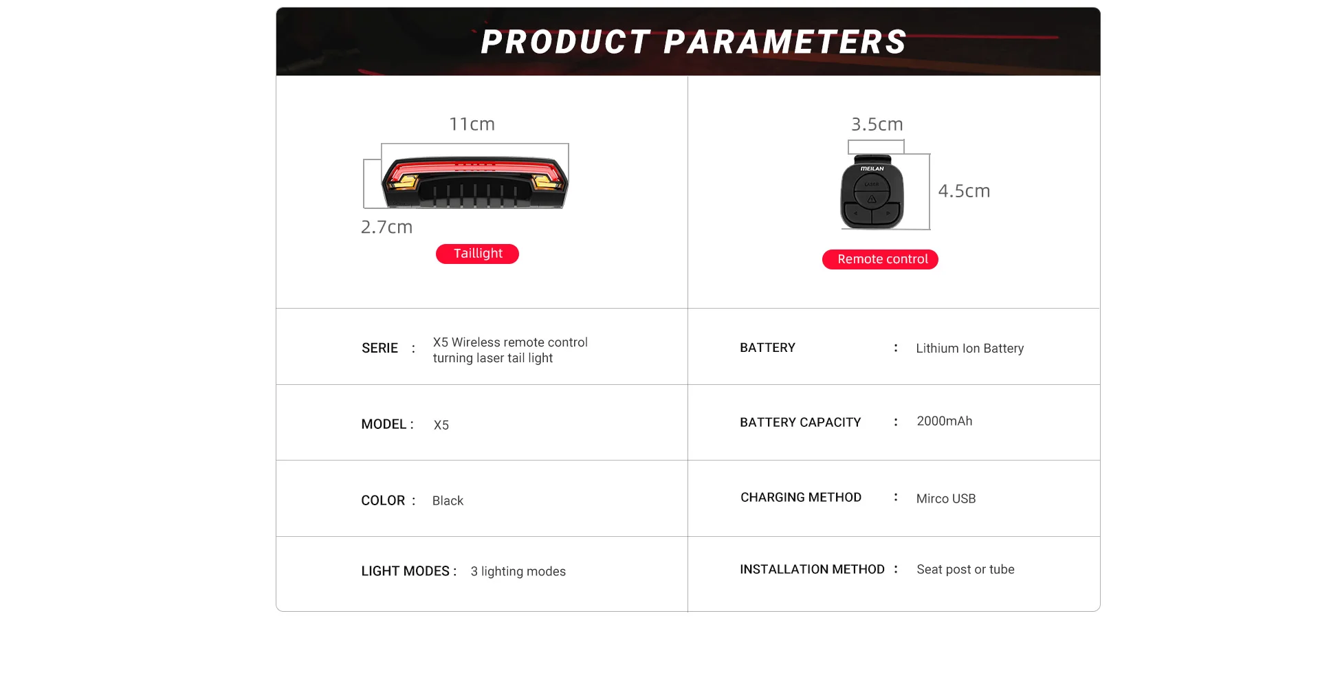 Meilan X5 Wireless Bike Bicycle Rear Light Laser Tail Lamp Smart Brake USB Rechargeable Cycling Accessories Remote Turn Led