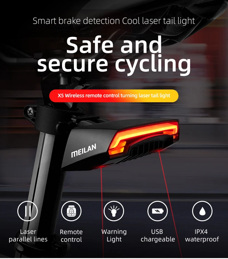 Meilan X5 Wireless Bike Bicycle Rear Light Laser Tail Lamp Smart Brake USB Rechargeable Cycling Accessories Remote Turn Led