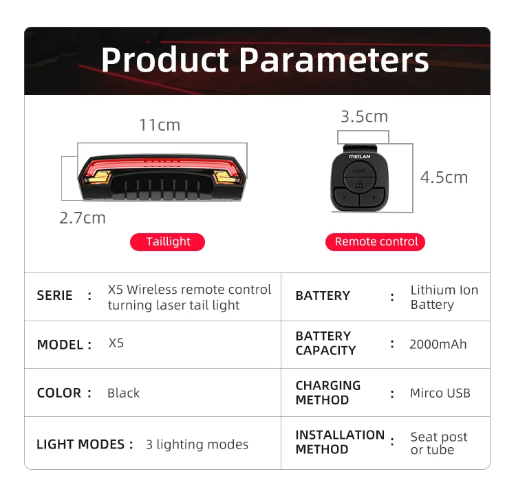 Meilan X5 Wireless Bike Bicycle Rear Light Laser Tail Lamp Smart Brake USB Rechargeable Cycling Accessories Remote Turn Led