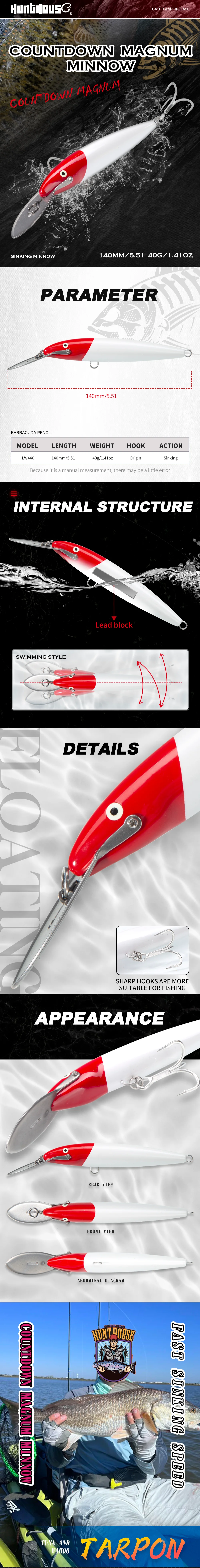 Hunthouse Metal Lip Minnow Fishing Lure Sinking Trolling Hard Bait 140mm 40g Wobblers Saltwater Artificial For Blues Tuna Tackle