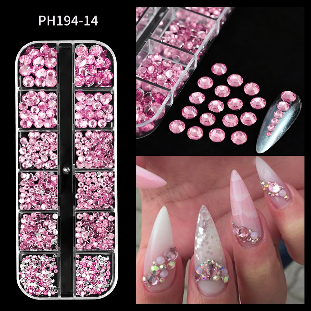 12Grids SS6-SS30 Mixed Nail Rhinestones Shiny Clear/Gold/Pink/Blue Diamond Flat-back Nail Gems Glass Stones Nails Decoration