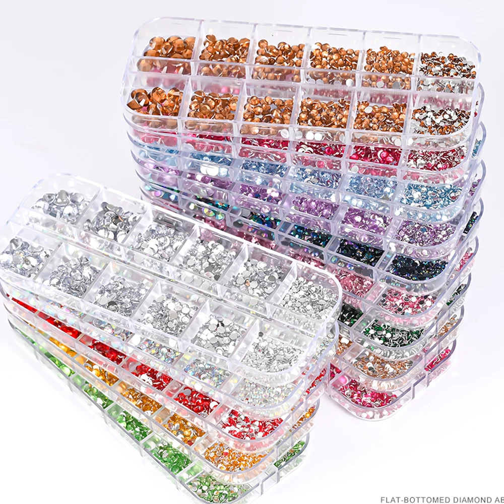 12Grids SS6-SS30 Mixed Nail Rhinestones Shiny Clear/Gold/Pink/Blue Diamond Flat-back Nail Gems Glass Stones Nails Decoration