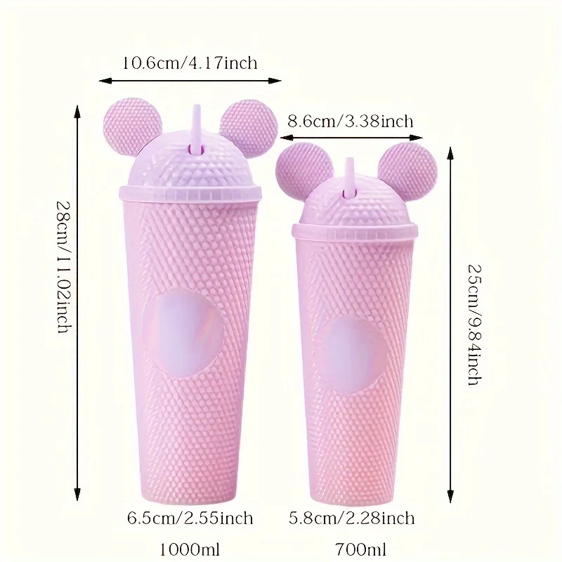 LUSQI 2pcs/set Water Bottles With Studded Mouse Ear Dome Lids Large And Small Water Cups Summer Winter Drinkware With Straws