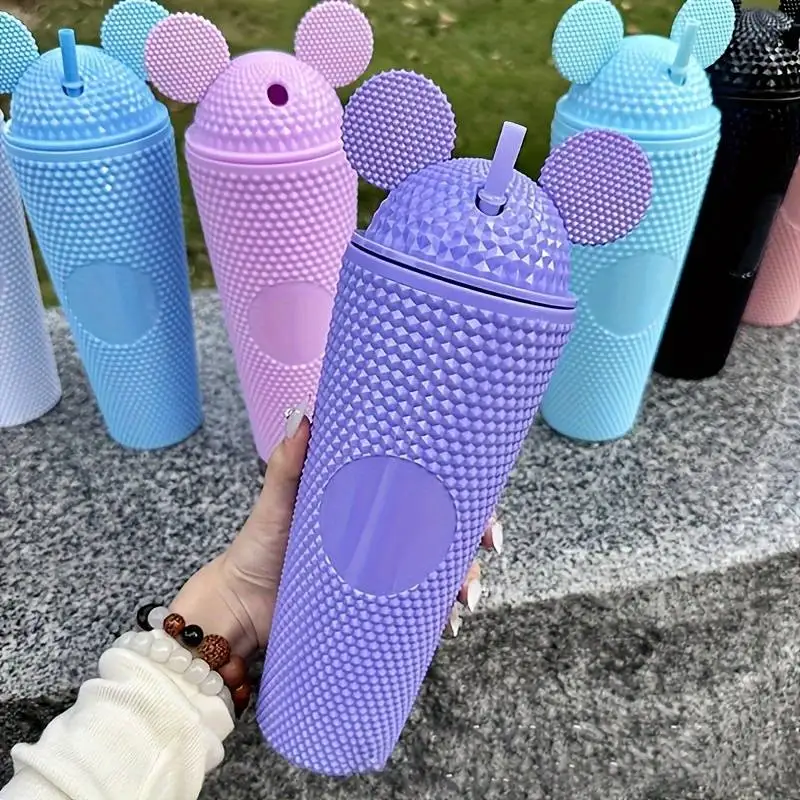 LUSQI 2pcs/set Water Bottles With Studded Mouse Ear Dome Lids Large And Small Water Cups Summer Winter Drinkware With Straws