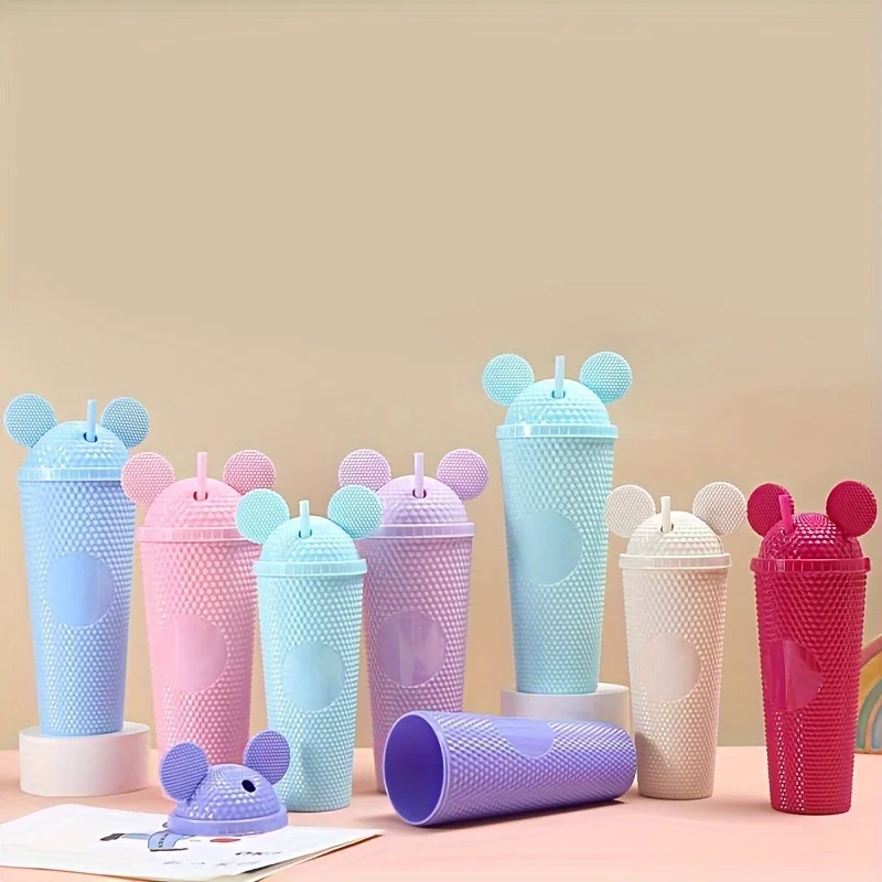 LUSQI 2pcs/set Water Bottles With Studded Mouse Ear Dome Lids Large And Small Water Cups Summer Winter Drinkware With Straws