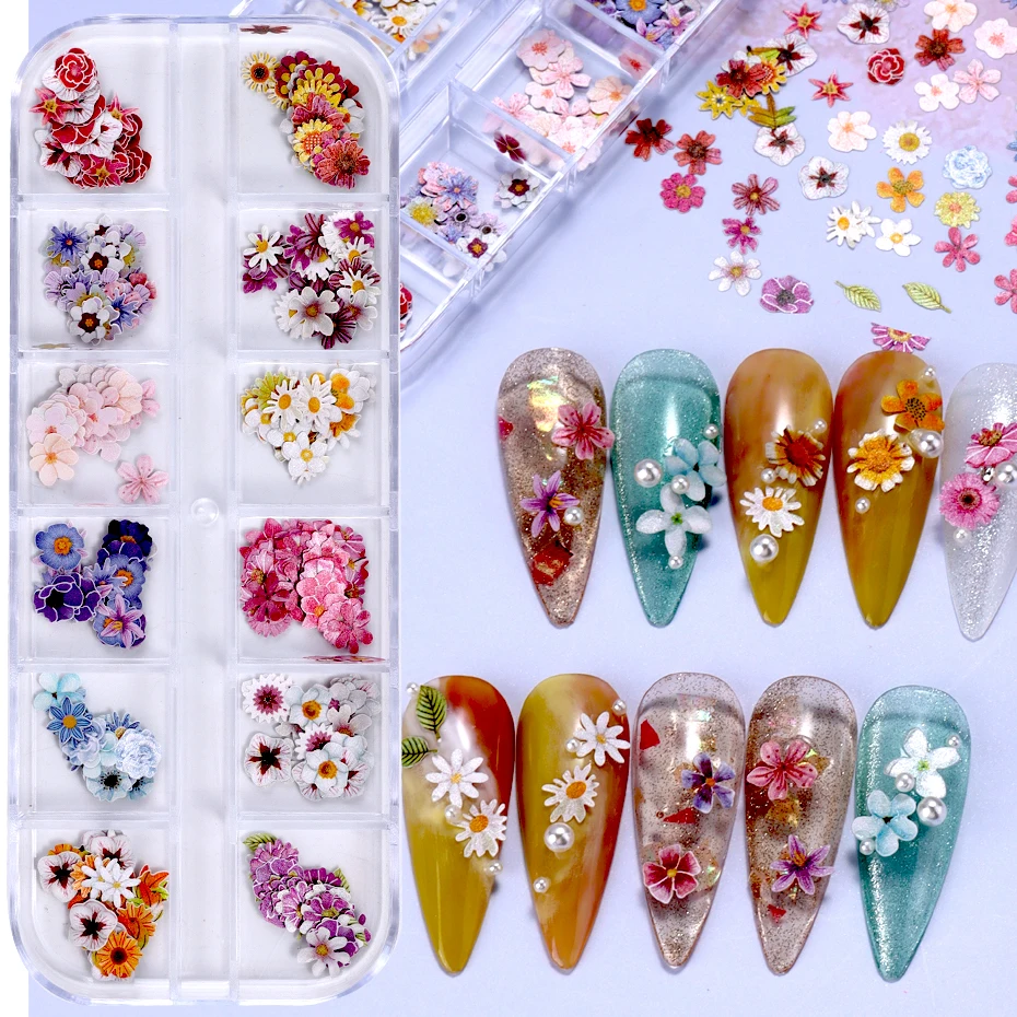 12 Grids 3D Colorful Flower Ultra-thin Resin Filling Wood Pulp Slice Small Daisy Nail Decals DIY Manicure Decoration Accessories