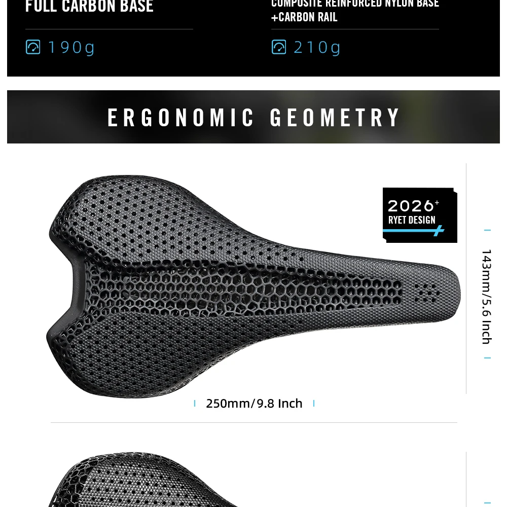 RYET Ultralight Carbon 3D Printed Bicycle Saddle 190g/210g 7*9 Bike Seating Cushion Road MTB Mountain Gravel Cycling Bike Parts