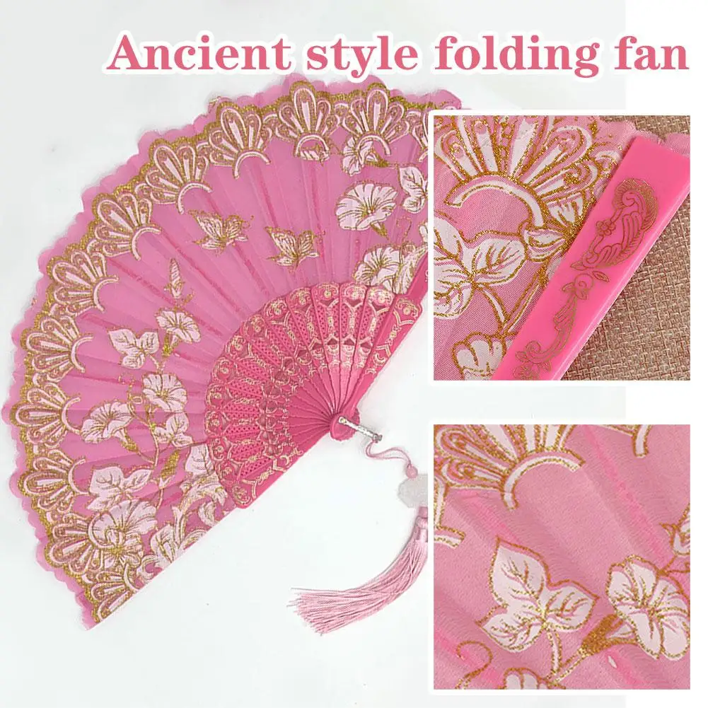 Chinese Luxury Gliding Folding Fan Wedding Bridal Fan Dance Performance Props Retro Floral Glitter Butterfly Fans Crafts