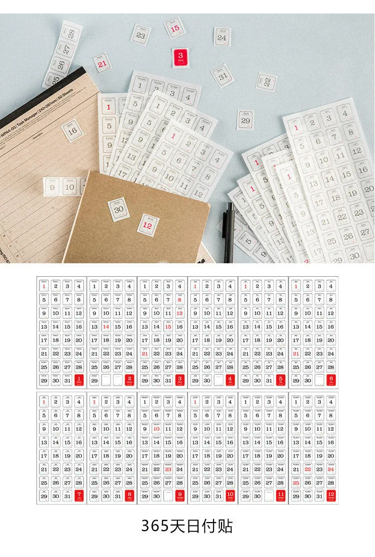12pcs/pack 365 Days Calendar Decorative Stickers Scrapbooking Diy Label Diary Stationery Album Journal Planner Month Number Stic