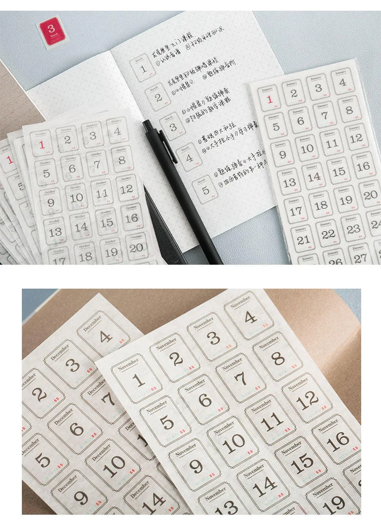 12pcs/pack 365 Days Calendar Decorative Stickers Scrapbooking Diy Label Diary Stationery Album Journal Planner Month Number Stic