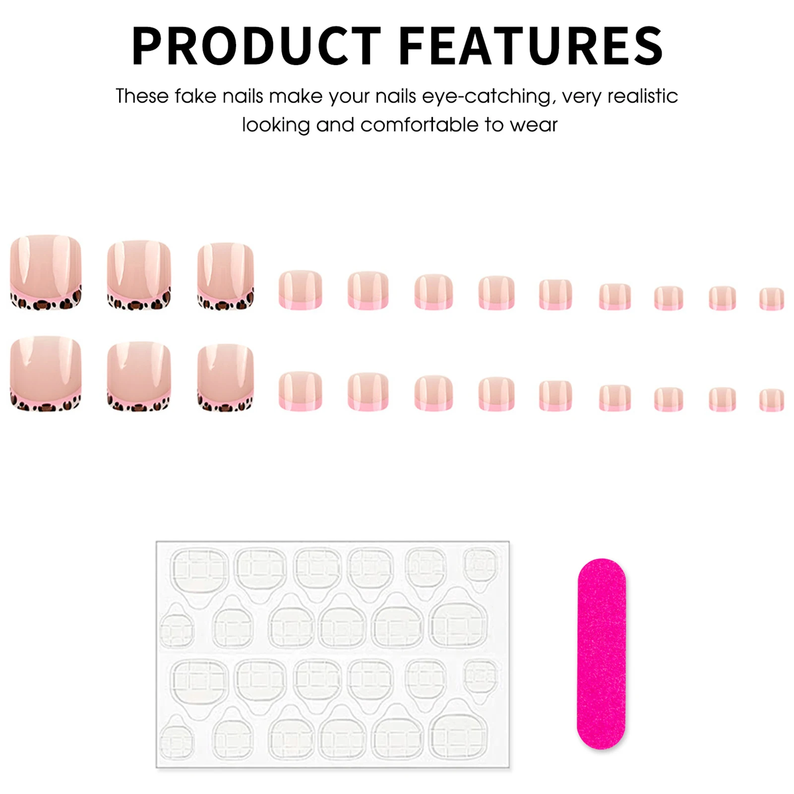 24pcs Fashion Leopard Print False Toe Nails Pind Edge French Style Sweet Cool Press On Toenail Y2k Simple Fake Toenail For Women