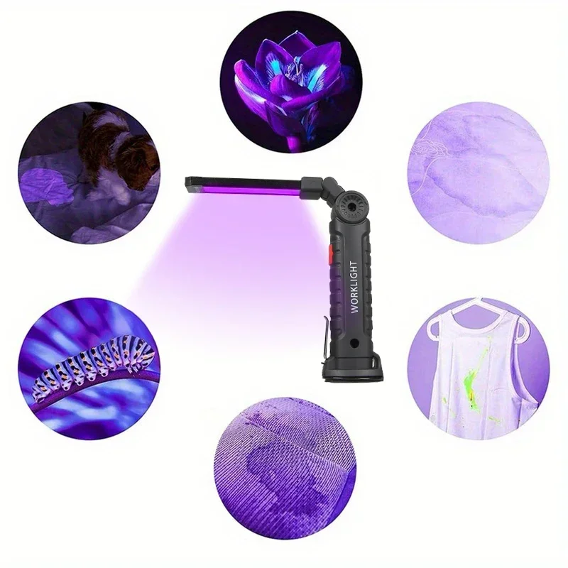 395nm LED UV Flashlight USB Rechargeable Foldable Lamp with Magnet Hook UV Light Ultraviolet for Pet Urine Detector Resin Curing