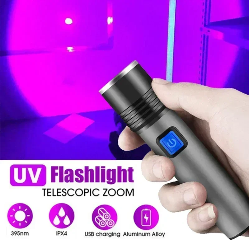 395nm LED UV Flashlight USB Rechargeable Foldable Lamp with Magnet Hook UV Light Ultraviolet for Pet Urine Detector Resin Curing