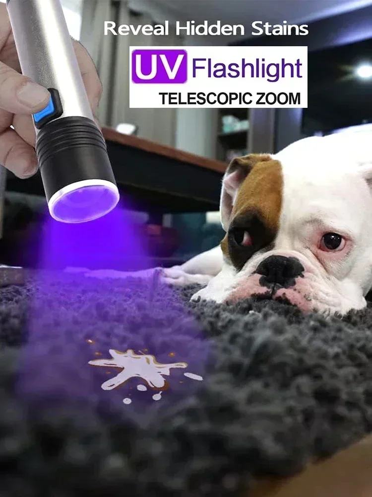 395nm LED UV Flashlight USB Rechargeable Foldable Lamp with Magnet Hook UV Light Ultraviolet for Pet Urine Detector Resin Curing