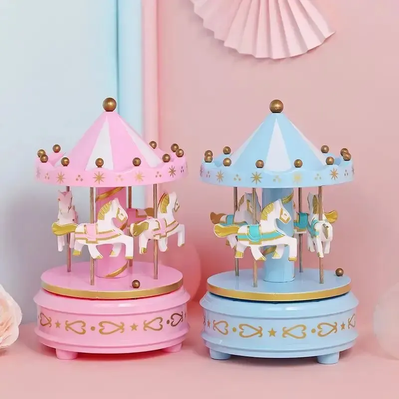 Carousel Music Box Cake Decorative Ornament Baby Birthday Gift Toys Desktop Carousel Toys Handwork 4 Horses Music Box Gifts