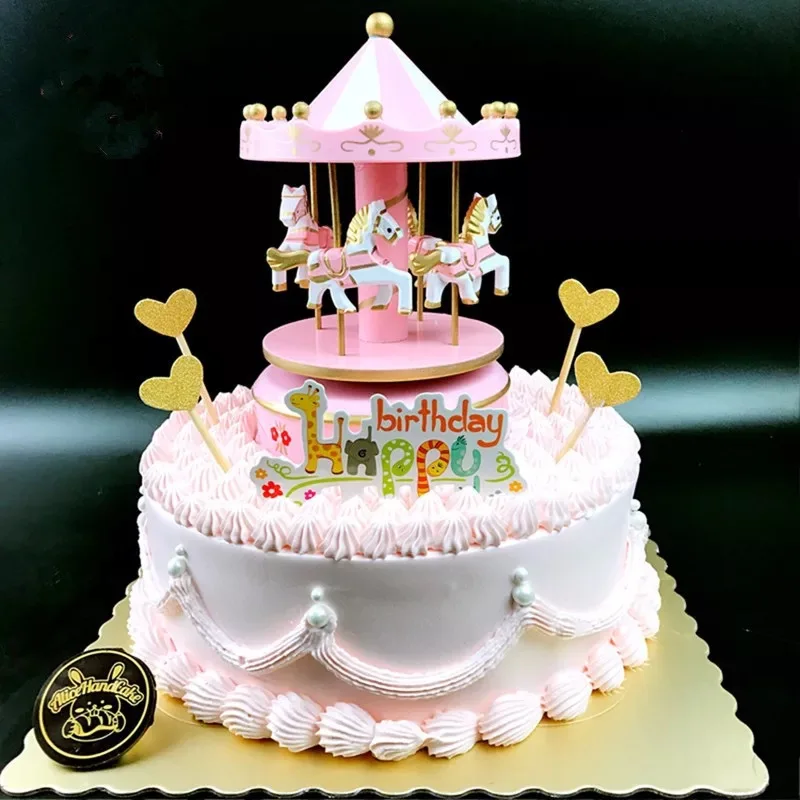 Carousel Music Box Cake Decorative Ornament Baby Birthday Gift Toys Desktop Carousel Toys Handwork 4 Horses Music Box Gifts