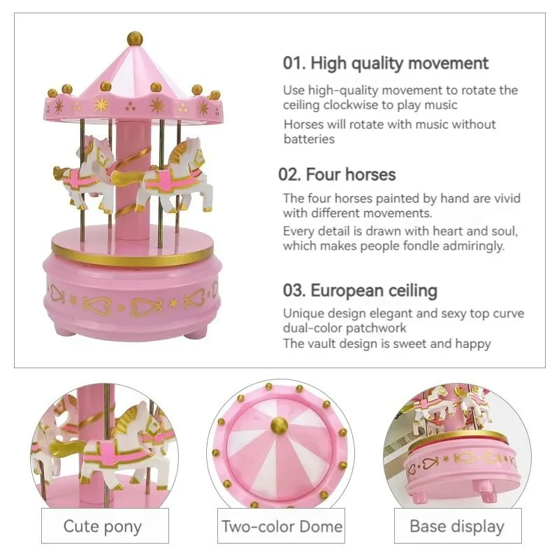 Carousel Music Box Cake Decorative Ornament Baby Birthday Gift Toys Desktop Carousel Toys Handwork 4 Horses Music Box Gifts
