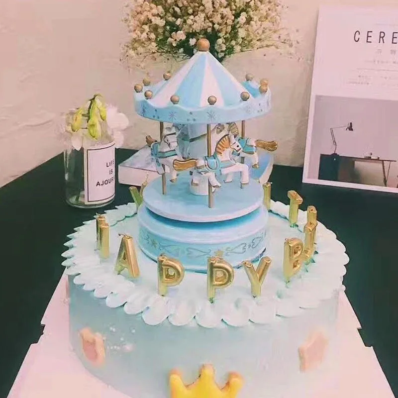 Carousel Music Box Cake Decorative Ornament Baby Birthday Gift Toys Desktop Carousel Toys Handwork 4 Horses Music Box Gifts