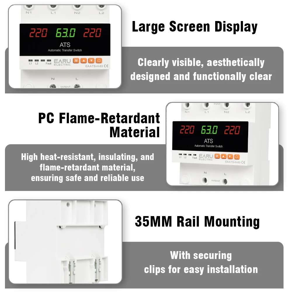 63A 100A ATS Adjustable Over Under Voltage Current Protector Dual Power Conversion Automatic Transfer Switch Monitor Relay 220V
