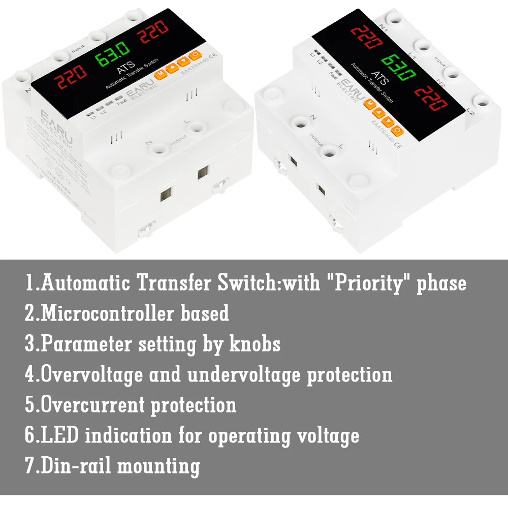 63A 100A ATS Adjustable Over Under Voltage Current Protector Dual Power Conversion Automatic Transfer Switch Monitor Relay 220V
