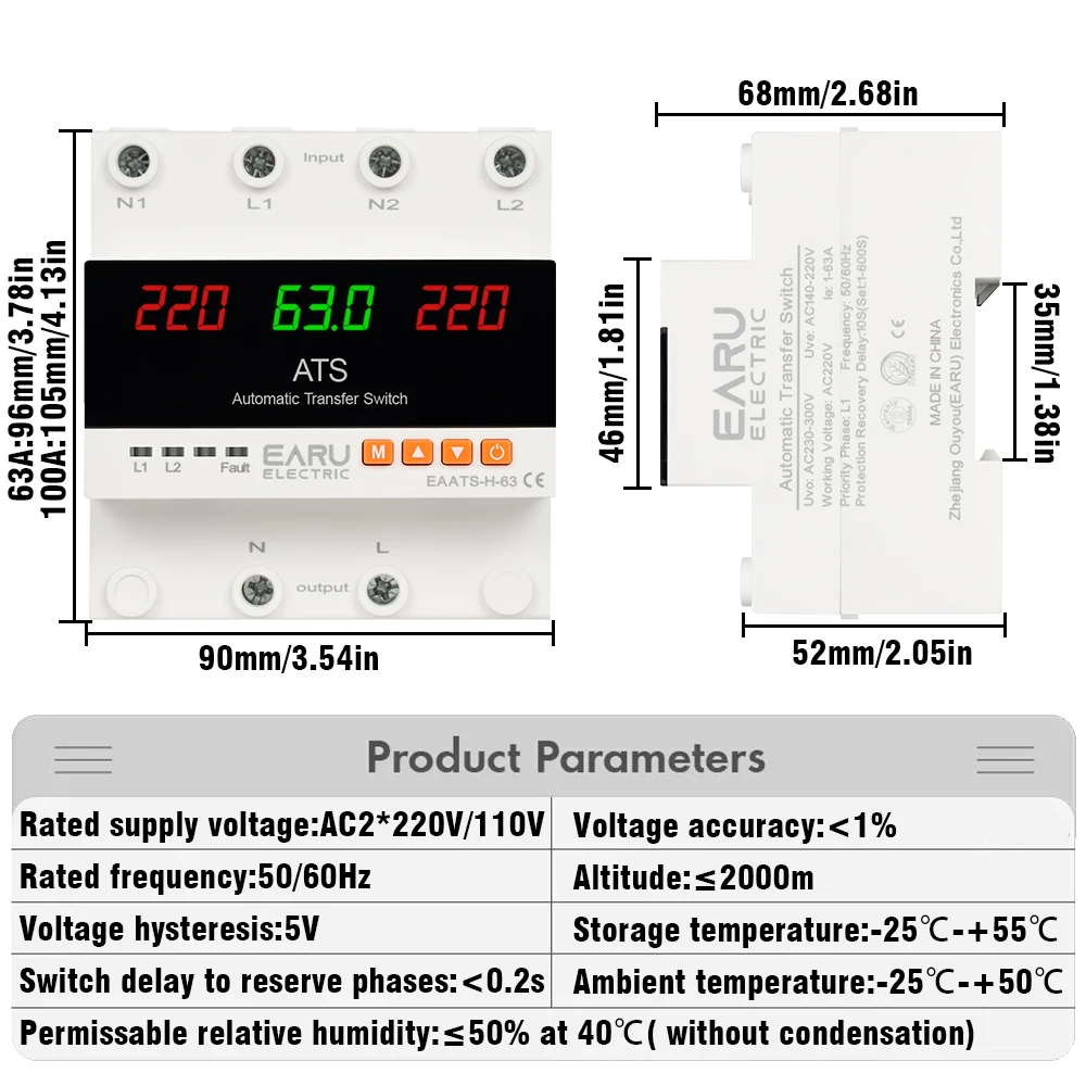 63A 100A ATS Adjustable Over Under Voltage Current Protector Dual Power Conversion Automatic Transfer Switch Monitor Relay 220V